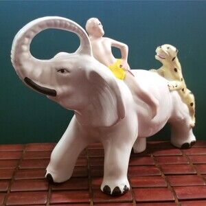 Vintage Man Riding Elephant Attacked By Jaguar Ceramic Figurine Brazil 12"x8"x5"